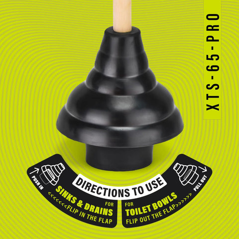 Heavy Duty Toilet Plunger Featuring Double Thrust Rubber Cup And Sturdy Wooden Handle Commercial Grade Drain Unclogger with usage instructions.