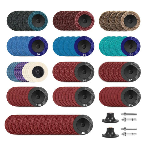 2 Inch Quick Change Sanding Discs Kit with One Quarter Inch Holder for Deburring Grinding Polishing Rust Removal and Surface Prep