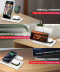 3 In 1 Foldable Wireless Charging Station Dock For iPhone Watch And AirPods Travel Ready White LED Light with devices charging