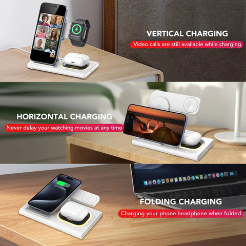 3 In 1 Foldable Wireless Charging Station Dock For iPhone Watch And AirPods Travel Ready White LED Light with devices charging