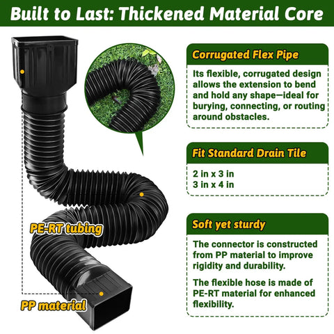 Close-up of 2 Pack Gutter Downspout Extensions 138 Inches with Filter, flexible corrugated gutter pipe, black, detailed view.