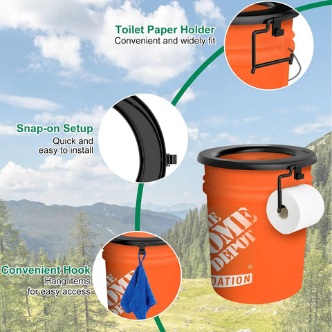 No Sweat Snap On Portable Toilet Seat For 5 Gallon Buckets Camping Pail Cover with toilet paper holder and hook
