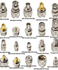 20-Piece UHF Adapter Master Kit PL259 SO239 To SMA BNC MCX FME F TNC Mini-UHF Connectors shown in organized layout