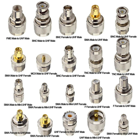 20-Piece UHF Adapter Master Kit PL259 SO239 To SMA BNC MCX FME F TNC Mini-UHF Connectors shown in organized layout