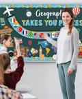Teacher using Geography Bulletin Board Set Must Have Adventure Travel Map Classroom Decor With World Countries Flags