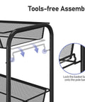 Easy assembly feature of Three Tier Metal Rolling Cart With Mesh Wire Shelving And Wheels, showing locking mechanism.