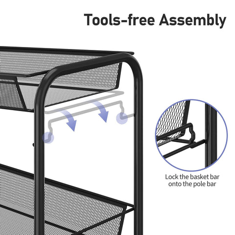 Easy assembly feature of Three Tier Metal Rolling Cart With Mesh Wire Shelving And Wheels, showing locking mechanism.