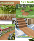 Natural Coconut Fiber Liner Roll shown as seed germination mat, weed suppression mat, and anti-slip snow mat in garden and pathway settings.