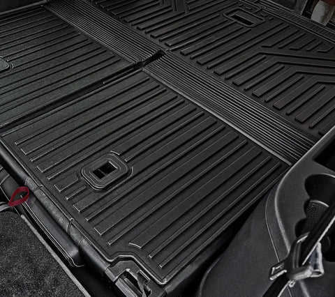All Weather TPE Cargo Mat With Backrest Mats For Volkswagen Atlas 6 And 7 Seat SUV 2018 2019 2020 2021 2022 2023 2024 2025 2026 Trunk Liner Custom Fit Not For Cross Sport, showing installed trunk liner covering entire cargo area and backrests.