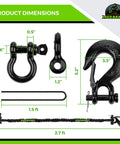 Two Foot ATV Recovery Strap With Winch Hook And D Ring Shackle For Four Wheelers And Quads 17600 Pound Synthetic Rope dimensions
