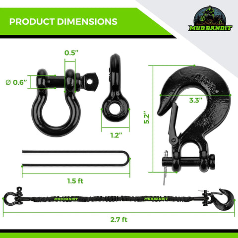 Two Foot ATV Recovery Strap With Winch Hook And D Ring Shackle For Four Wheelers And Quads 17600 Pound Synthetic Rope dimensions