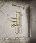 Brushed gold wall-mounted shower system in marble shower, showing modern design and fixtures without Awaken G90 details.