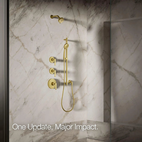 Brushed gold wall-mounted shower system in marble shower, showing modern design and fixtures without Awaken G90 details.