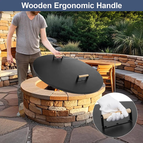 Person placing Round 38 Inch Fire Pit Lid Cover With Wooden Handles For Patio Fire Pits on stone fire pit