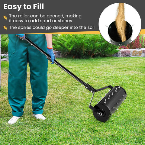Person using Beefy Rolling Lawn Aerator With Fillable Drum And 18 Inch Tine Spikes, Heavy Duty Manual Push Garden Yard Tool.
