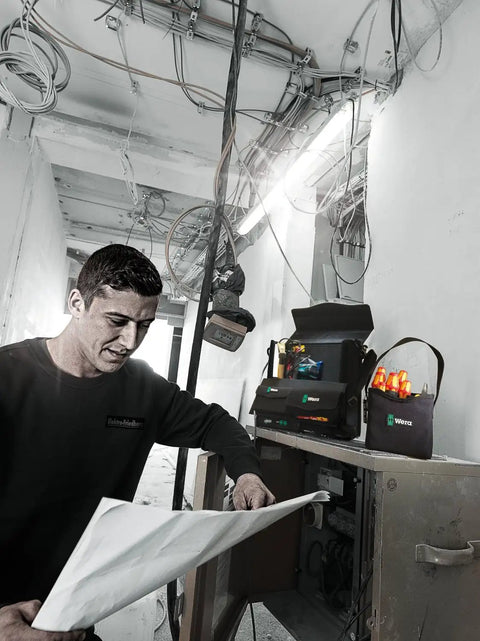 Man reading plan next to Wera 2Go 2 Tool Container For On The Go Gear Organization, Durable Compact Storage in use at construction site.