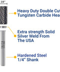 Close-up of double-cut tungsten carbide burr with 0.25 inch shank from Ten Piece Carbide Burr Set With 0.25 Inch Shank Tungsten Double Cut Rotary Die Grinder Bits For Metalworking And Wood Carving Pro Grade With Rugged Storage Case Compatible With Milwaukee Dewalt And Other Die Grinders