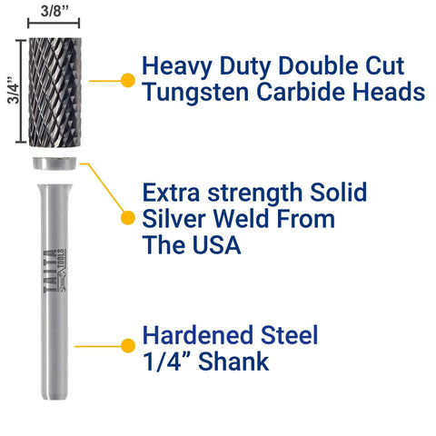 Close-up of double-cut tungsten carbide burr with 0.25 inch shank from Ten Piece Carbide Burr Set With 0.25 Inch Shank Tungsten Double Cut Rotary Die Grinder Bits For Metalworking And Wood Carving Pro Grade With Rugged Storage Case Compatible With Milwaukee Dewalt And Other Die Grinders
