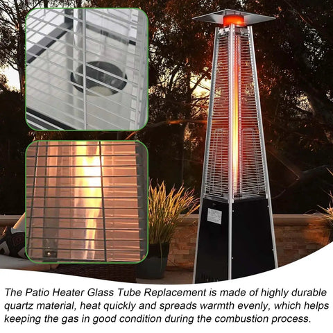 Glass Tube Replacement For Patio Heaters 49.5 Inch Tall 4 Inch Diameter With Silicone Connecting Ring in use on flame heater