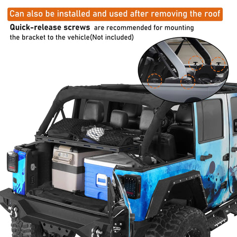 Rear Trunk Cargo Rack Basket Tray For Jeep Wrangler JK 2007 To 2026 Four Door Hardtops loaded with camping gear and elastic net