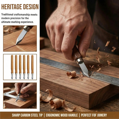 Hand using Six Pack Heavy Duty Woodworking Marking Knives With High Carbon Steel Blades And Dual Bevel Heads for precise cuts.