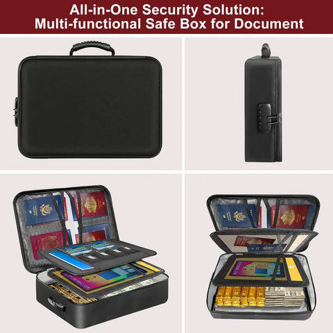 Fireproof Document Box With 5200F Heat Resistance, Aluminum Foil Fire Retardant Lining, Lockable Safe Organizer open showing contents.