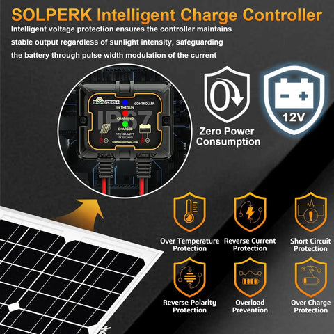 SOLPERK Intelligent Charge Controller display, part of 20W Waterproof Solar Panel Kit With MPPT Controller, Trickle Charger And Battery Maintainer For Boats Cars RVs Motorcycles Marine And Automotive Use, Adjustable Mount Bracket, High Efficiency 21 To 30 Percent All In One Outdoor Ready Design.