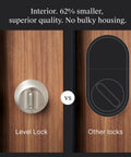 Worlds Smallest Smart Lock With Built In Matter And Bluetooth Hiding Tech Inside Your Door For Sleek Security No Brainer Works With Apple Home Google Home Alexa And SmartThings Satin Nickel Finish Easy iOS And Android App Control satin nickel finish compared to other locks.