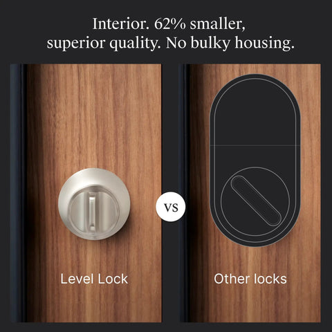 Worlds Smallest Smart Lock With Built In Matter And Bluetooth Hiding Tech Inside Your Door For Sleek Security No Brainer Works With Apple Home Google Home Alexa And SmartThings Satin Nickel Finish Easy iOS And Android App Control satin nickel finish compared to other locks.