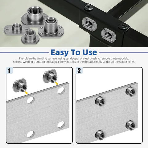 Pro Grade Heavy Duty Carbon Steel Weld Nuts Set M6 M8 M10 M12 Universal Tab Base installation guide with threaded holes.