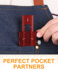 Pro Grade 3 Piece Pocket Metal Ruler Set With Inch And Metric T Type Scribing Square clipped onto denim pants.