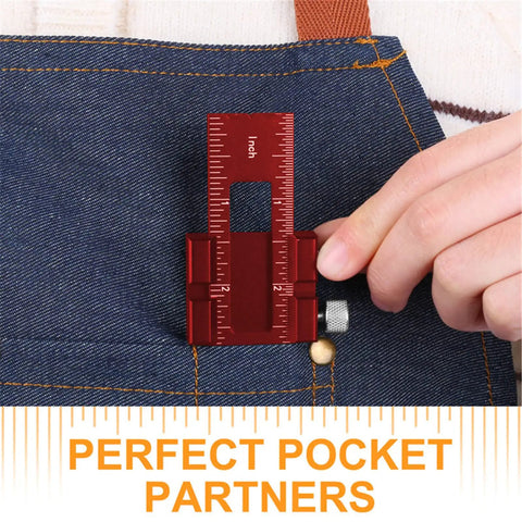 Pro Grade 3 Piece Pocket Metal Ruler Set With Inch And Metric T Type Scribing Square clipped onto denim pants.