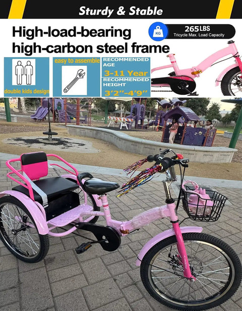 Folding Tricycle With Rear Passenger Seat For Adults, pink three wheel pedal rickshaw with adjustable seat and dual brakes