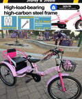 Folding Tricycle With Rear Seat And Backrest, pink three wheel pedal cruiser at a park, dual brakes, front disc brake, adjustable height