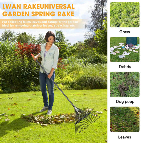Heavy Duty Garden Leaf Rake With 22 Tines And 22.8 Inch Wide Head, Adjustable Handle in use for lawn cleanup.