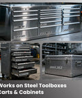 Heavy Duty Magnetic Toolbox Labels Set, 12 Pack Red, 3D Breaker Style, on toolboxes, carts, and cabinets in workshop.