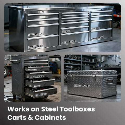Heavy Duty Magnetic Toolbox Labels Set, 12 Pack Red, 3D Breaker Style, on toolboxes, carts, and cabinets in workshop.