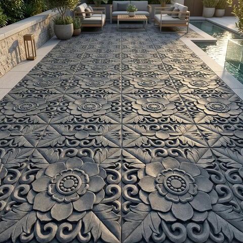 Installed Two Pack Antique Lotus Concrete Paver Molds for DIY Garden Path Stepping Stones in a modern patio setting.
