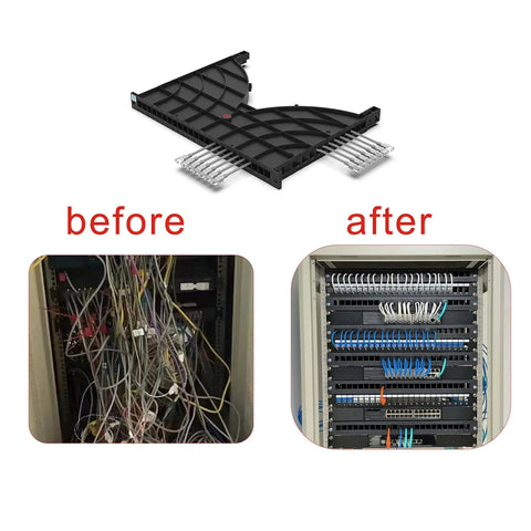 Comparison of server rack before and after using 1U 19 Inch Rack Mount Cable Management System With Horizontal Duct Raceway And 24 Finger Channel