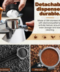 Pro Game Changer 7 Piece Espresso Essentials Featuring 53 Mm Tamper Wdt Tool Coffee Distributor Dosing Funnel Puck Screen Double Head Brush And Sapele Handle For Smooth Hits. Detachable black dispenser above espresso portafilter.