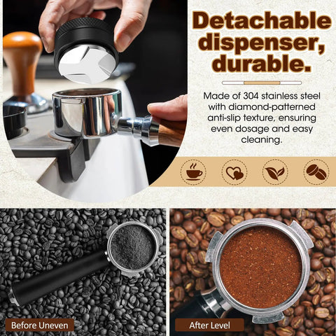 Pro Game Changer 7 Piece Espresso Essentials Featuring 53 Mm Tamper Wdt Tool Coffee Distributor Dosing Funnel Puck Screen Double Head Brush And Sapele Handle For Smooth Hits. Detachable black dispenser above espresso portafilter.