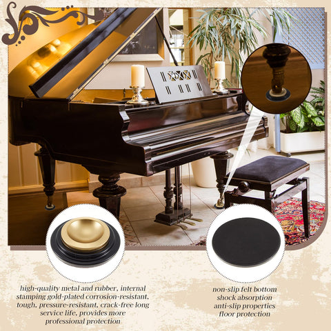 4 Pcs Piano Caster Cups Set For Hardwood Floors Metal Rubber Construction Grand Piano Floor Protectors on a grand piano