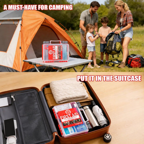 Gevoke Professional first aid kit, 310-piece hard-case, red, displayed on a camping table near a tent.

Gevoke 310-piece hard-case first aid kit inside an open suitcase with clothing and gear.
