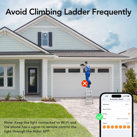 Motion Sensor Outdoor Lights With 450 Degree Wide Adjustment installed on house with Aidot APP display, person on ladder