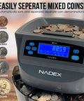 Efficient Coin Counter Sorter And Wrapper Machine with digital display, sorting mixed coins, and trays for different denominations.