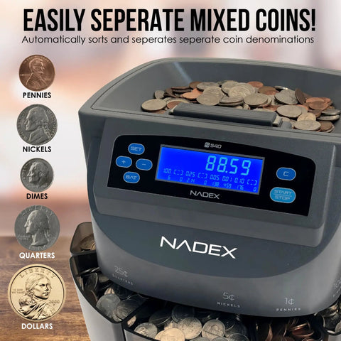 Efficient Coin Counter Sorter And Wrapper Machine with digital display, sorting mixed coins, and trays for different denominations.