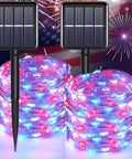 Patriotic Solar Fairy String Lights 2 Pack With 200 LED 66 Ft Red White Blue Outdoor Waterproof | Image of LED lights and solar panels.