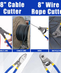 Close-up of Beefy 4 Piece Cutter Set For Every Cut Job, Heavy Duty 8 Inch Cable and Wire Cutters in action on cables and wires.