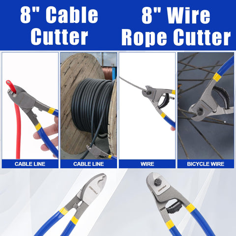 Close-up of Beefy 4 Piece Cutter Set For Every Cut Job, Heavy Duty 8 Inch Cable and Wire Cutters in action on cables and wires.