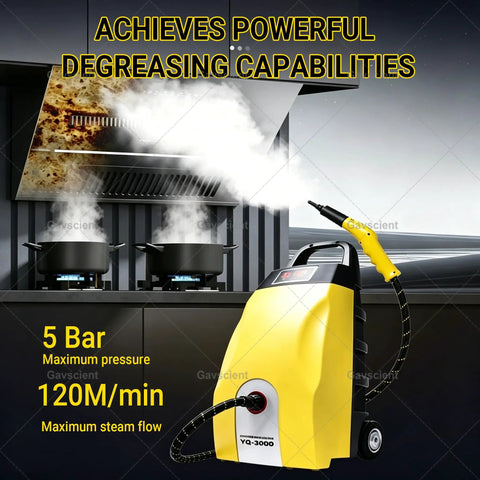 Heavy-Duty Steam Cleaner With Six Accessories For Deep Cleaning Floors, Grills, Autos And Home Surfaces High Pressure Washer in kitchen with steam.